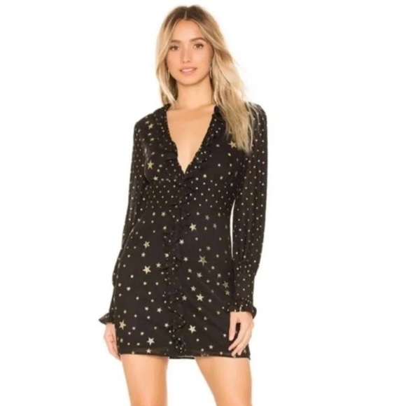 Lovers + Friends Joy Black Stretch Glitter Gold Star Dot Dress NEW WITH TAG - Picture 2 of 9